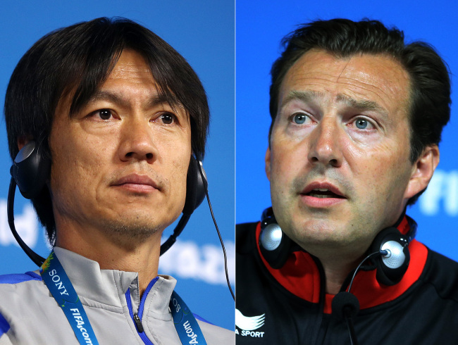 South Korean football coach Hong Myung-bo (left) and his Belgian counterpart Marc Robert Wilmots. (AP-Yonhap)