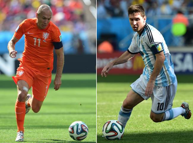 Netherlands’ forward Arjen Robben (left) and Argentina’s forward and captain Lionel Messi. (AFP-Yonhap)