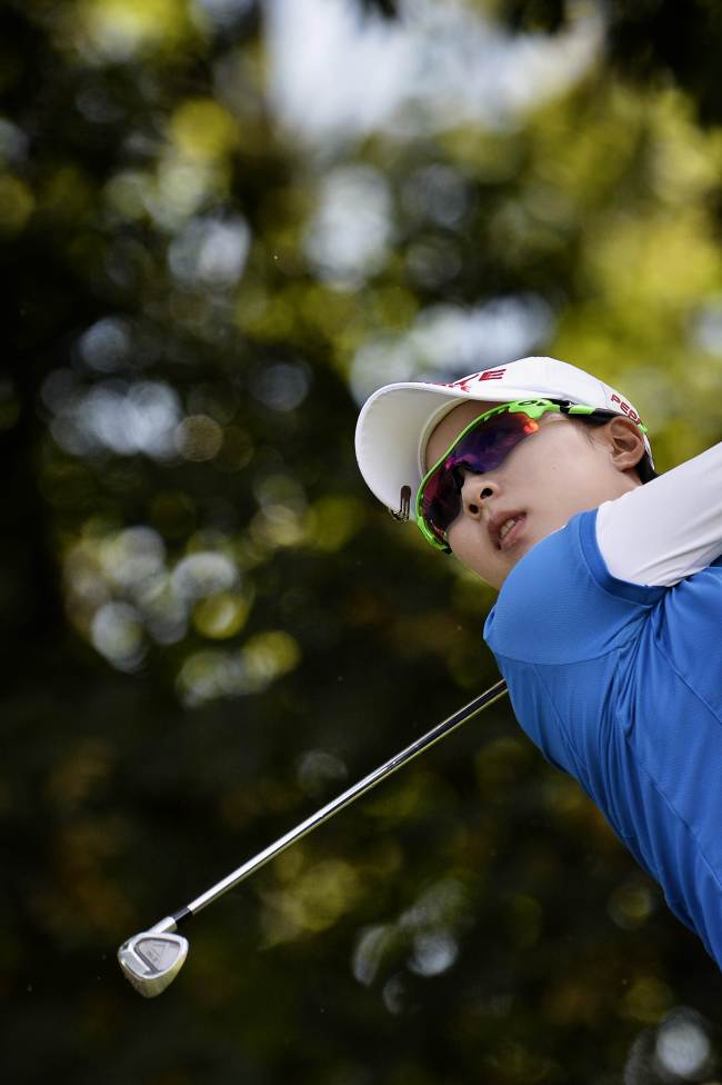 Kim Hyo-joo competes during the Evian golf Championships on Saturday. (AFP-Yonhap)