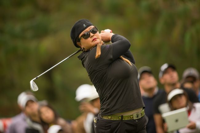 Christina Kim tees off on the third hole on Saturday. (AFP-Yonhap)