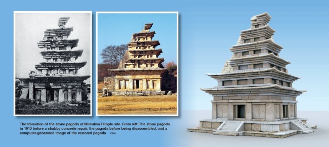 The transition of the stone pagoda at Mireuksa Temple site. From left: The stone pagoda in 1910 before a shabby concrete repair, the pagoda before being disassembled, and a computer-generated image of the restored pagoda (Cultural Heritage Administration)