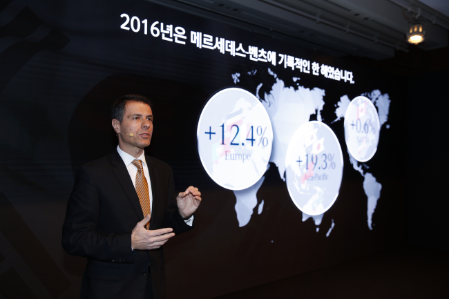 Dimitris Psillakis, president and CEO of Mercedes-Benz Korea, speaks at a press conference held at the Shilla Hotel in Seoul on Monday. (Mercedes-Benz Korea)