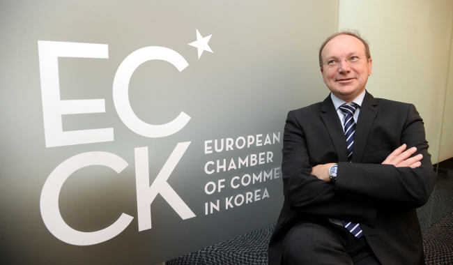 Jean-Christophe Darbes, European Chamber of Commerce in Korea chairman, speaks during an interview with The Korea Herald on Tuesday at ECCK headquarters in Seoul. (Park Hyun-koo/The Korea Herald)