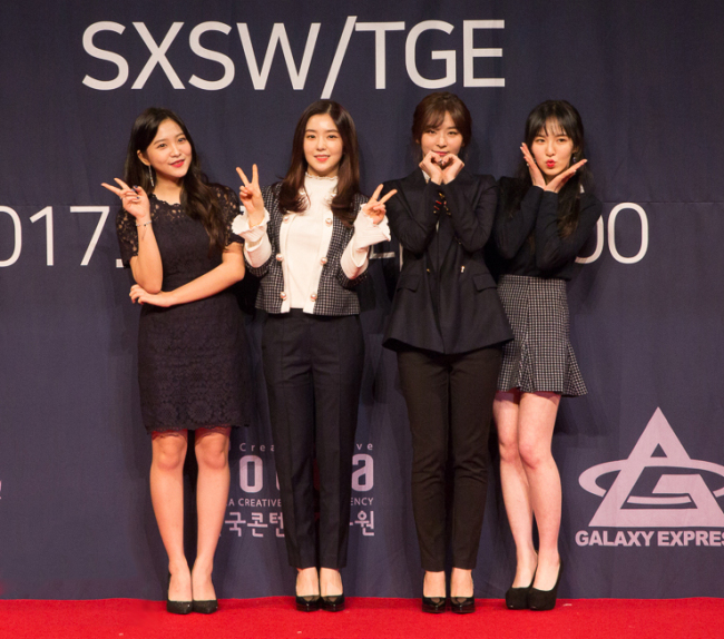 Members of girl group Red Velvet speak during Tuesday's press conference in Seoul for the K-Pop Night Out at the SXSW and TGE. (Korea Creative Content Agency)