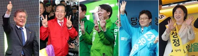 The five major presidential candidates Tuesday campaign nationwide, appealing to the voters for support. From left are Moon Jae-in of the liberal Democratic Party of Korea, Hong Joon-pyo of the conservative Liberty Korea Party, Ahn Cheol-soo of the centrist People’s Party, Yoo Seong-min of the conservative Bareun Party and Sim Sang-jeung of the progressive Justice Party. (Yonhap)