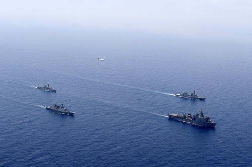 Vessels of South Korea, the US, Japan and Britain participate in a joint exercise in the waters off the Gulf of Aden. (Joint Chiefs of Staff)