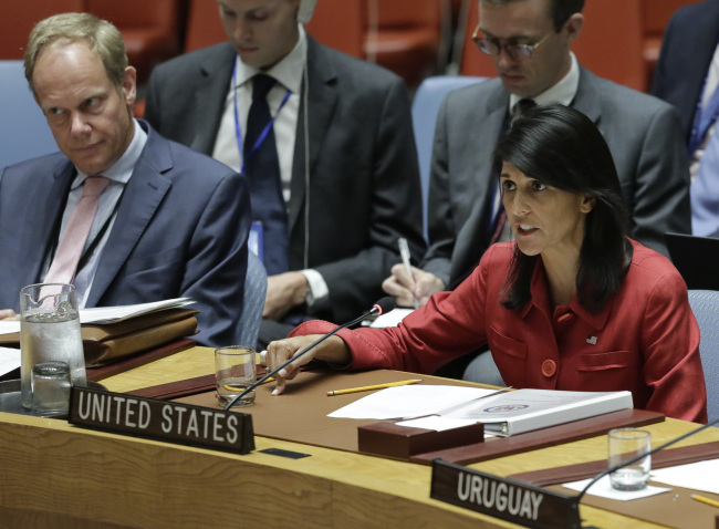 US Ambassador Nikki Haley speaks in the Security Council Chamber at the UN headquarters at an UN Security Council emergency meeting on North Korea in New York City on July 5, 2017. (AP-Yonhap)