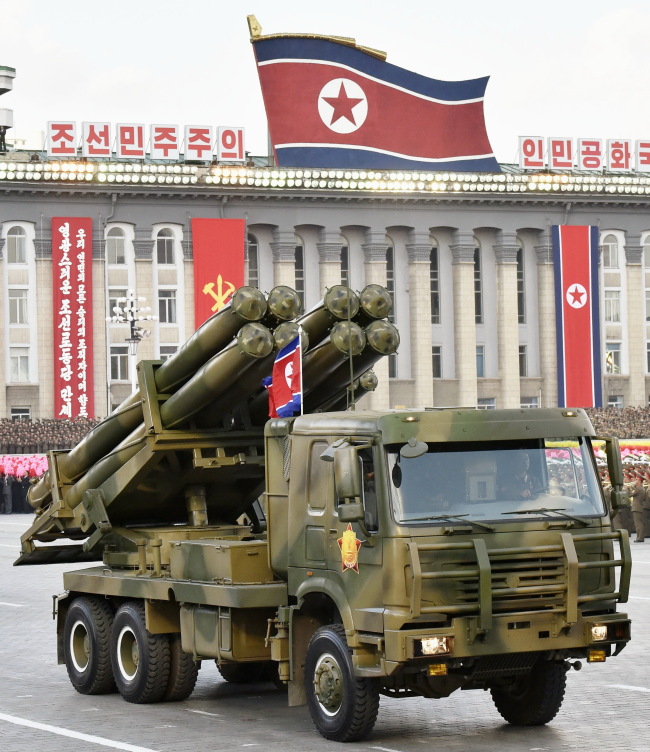 North Korea`s advanced 300-milimeter multiple launch rocket system is seen during a military parade in Pyongyang in October 2015. (Kyodo-Yonhap)