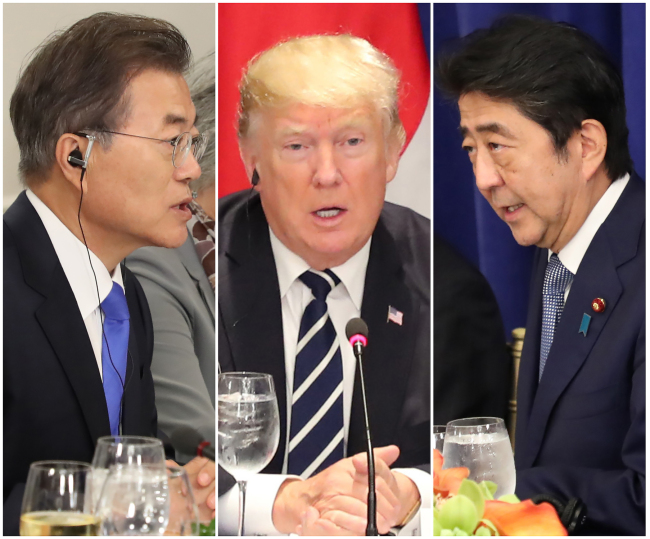 From left: South Korean President Moon Jae-in, US President Donald Trump, Japanese Prime Minister Shinzo Abe (Yonhap)