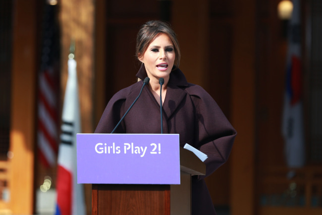 US first lady Melania Trump gives a speech during 