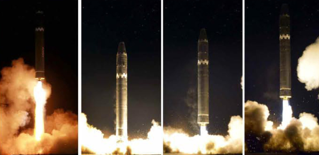 North Korea test fires the “Hwasong-15” ICBM on Nov. 29. (Yonhap)