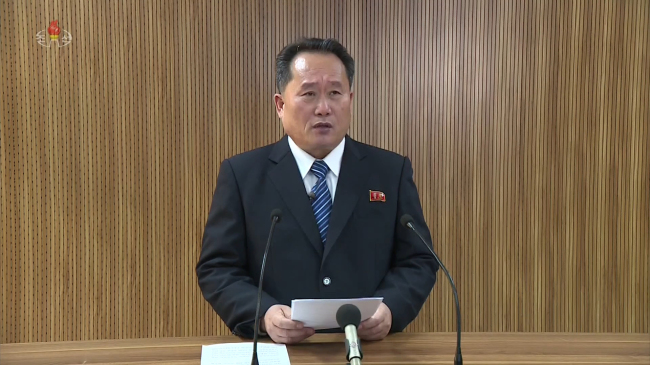 Ri Son-gwon, chairman of the Committee for the Peaceful Reunification of the Country of the DPRK, reads a statement on North Korea`s state-run broadcaster Korean Central Television on Wednesday. (Yonhap)