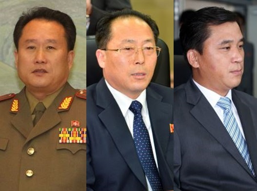 (From left) Ri Son-gwon, chairman of the Committee for the Peaceful Reunification of the Country; Jon Jong-su,Vice Chairman of the CPRC; and Hwang Chung-song,director of the CPRC. (Yonhap)
