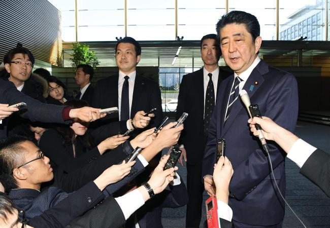 Japanese Prime Minister Shinzo Abe speaks to members of the press in Tokyon on Wednesday. Yonhap