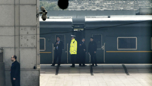 A special train is seen at Beijing Railway Station in Beijing Tuesday, March 27, 2018. Speculation about a visit to Beijing by North Korean leader Kim Jong Un or another high-level Pyongyang official was running high Tuesday amid talk of preparations for a meeting between the North's reclusive leader and President Donald Trump. (Kyodo News via AP - Yonhap)