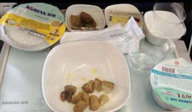 Pictured is the food tray with the missing chicken curry main dish, posted online anonymously by the passenger who issued a complaint. (YouTube)