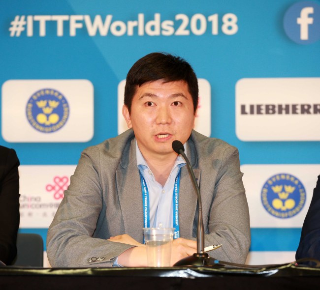 Ryu Seung-min, the 2004 Olympic men`s singles table tennis champion, speaks at a press conference in Halmstad, Sweden, on May 3 (local time). (Yonhap)