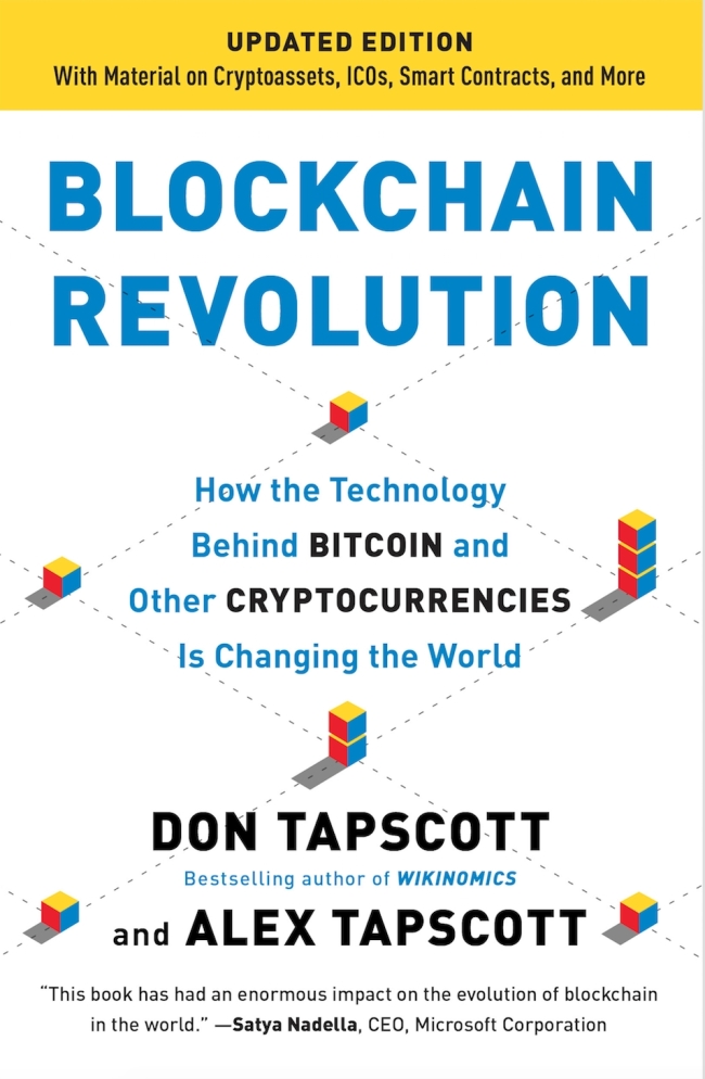A paperback cover image of the updated edition of “Blockchain Revolution” (courtesy of the Blockchain Research Institute)