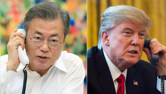 Photo of President Moon Jae-in and US President Donald Trump released by Cheong Wa Dae following their telephone conversation on Sept. 4. (Cheong Wa Dae)