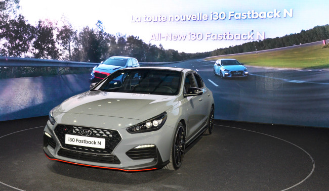 The i30 Fastback N is displayed at Hyundai Motor’s showroom at Paris Motor Show on Tuesday. (Hyundai Motor)