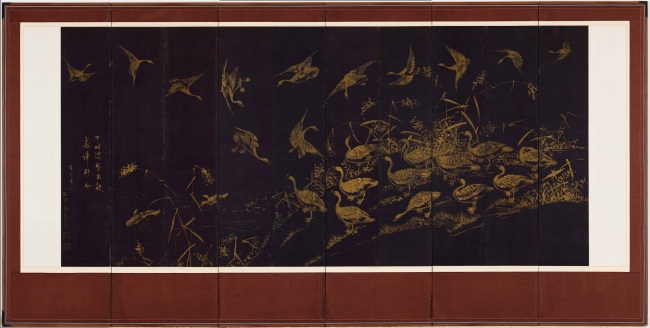 Late Joseon court painter Yang Gi-hun’s “Geese and Reeds,” a six-panel folding screen, is on loan from Ewha Womans University Museum. (APMA)