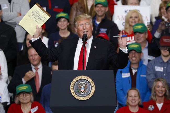 US President Donald Trump speaks during a campaign rally on Friday at Southport High School in Indianapolis, Indiana. President Trump is campaigning across the Midwest supporting Republican candidates in the upcoming midterm elections. (AFP-Yonhap)