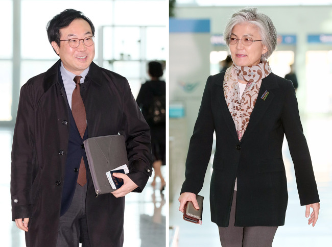 Foreign Minister Kang Kyung-wha (right) and Lee Do-hoon, special representative for Korean Peninsula peace and security affairs (Yonhap)