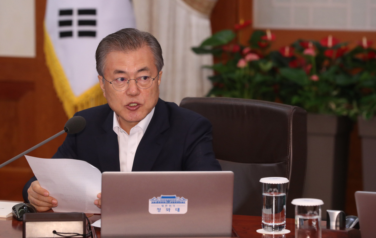 President Moon Jae-in speaks during a Cabinet meeting at the presidential office Cheong Wa Dae on Tuesday. (Yonhap)
