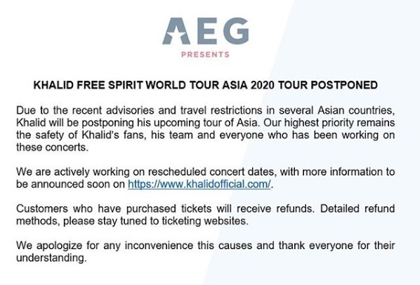 Screenshot of concert organizer AEG Presents’ announcement about Khalid’s Asia concerts (AEG Present Asia Instagram)