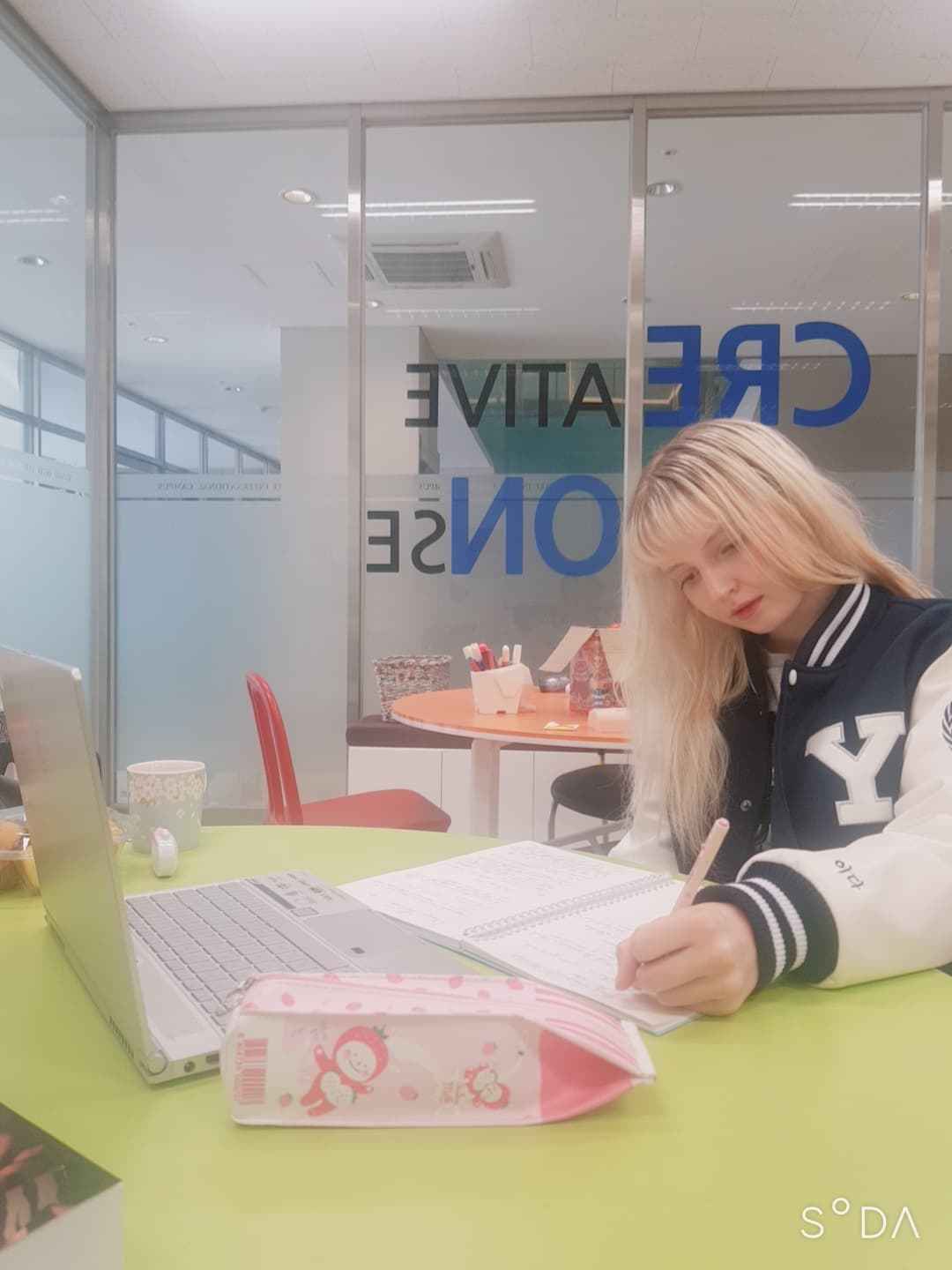Ida Therese Hovik, a Yonsei University freshman from Norway, takes an online class from her dormitory at the international campus in Songdo, Incheon, Tuesday. (Courtesy of Ida Therese Hovik)