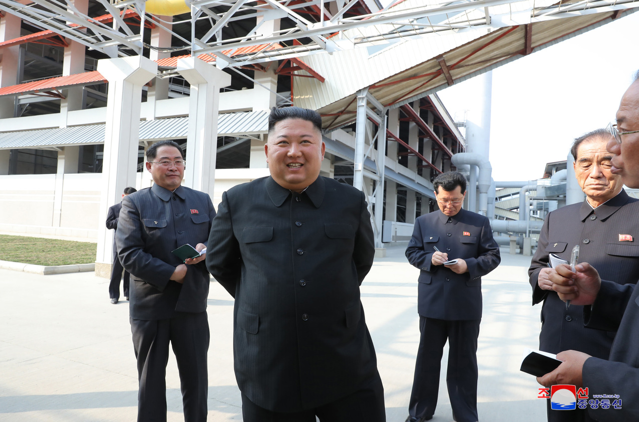 North Korean leader Kim Jong-un reappeared at an opening ceremony for a fertilizer plant in Sunchon, north of the capital, Pyongyang on Friday. (KCNA-Yonhap)