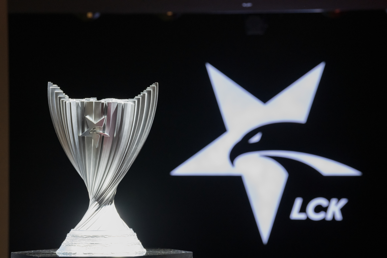 The League of Legends Champions Korea logo and trophy are displayed at LoL Park Arena in Seoul. (Riot Games)