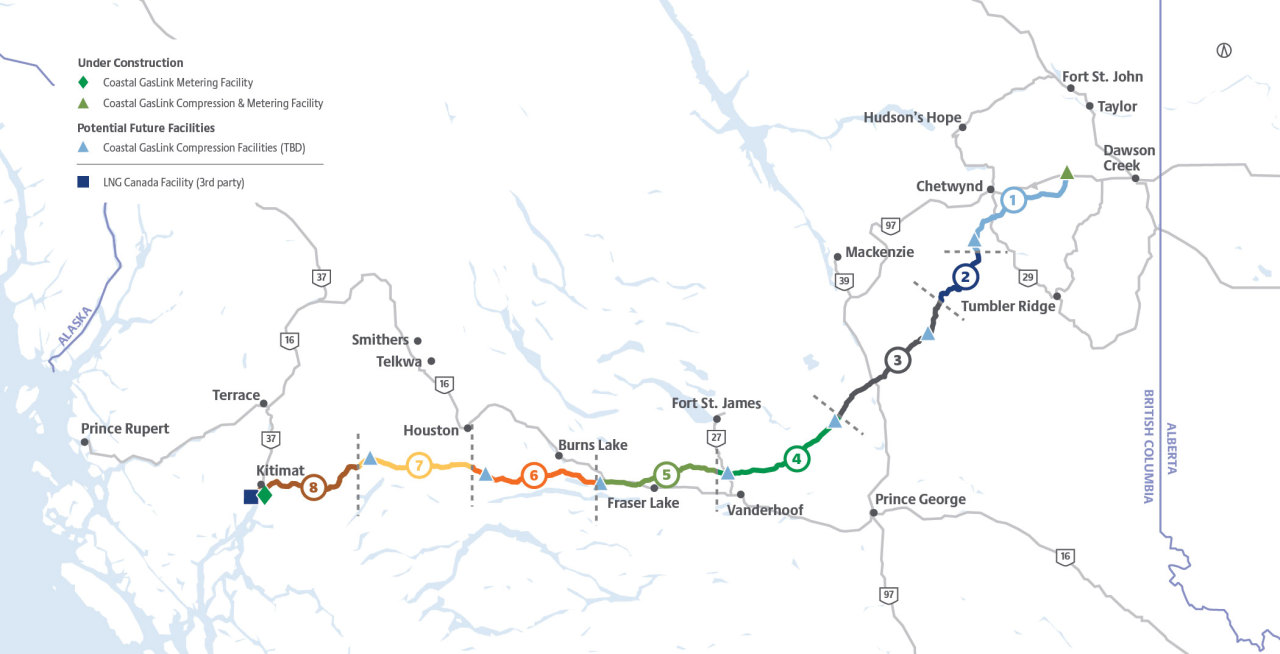 A map of the approved Coastal GasLink route as of May 2020 (Courtesy of Coastal GasLink)
