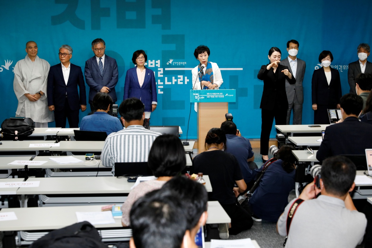 National Human Rights Commission of Korea’s chairperson Choi Young-ae speaks to reporters Tuesday morning at its headquarters in Jung-gu, central Seoul. (NHRCK)