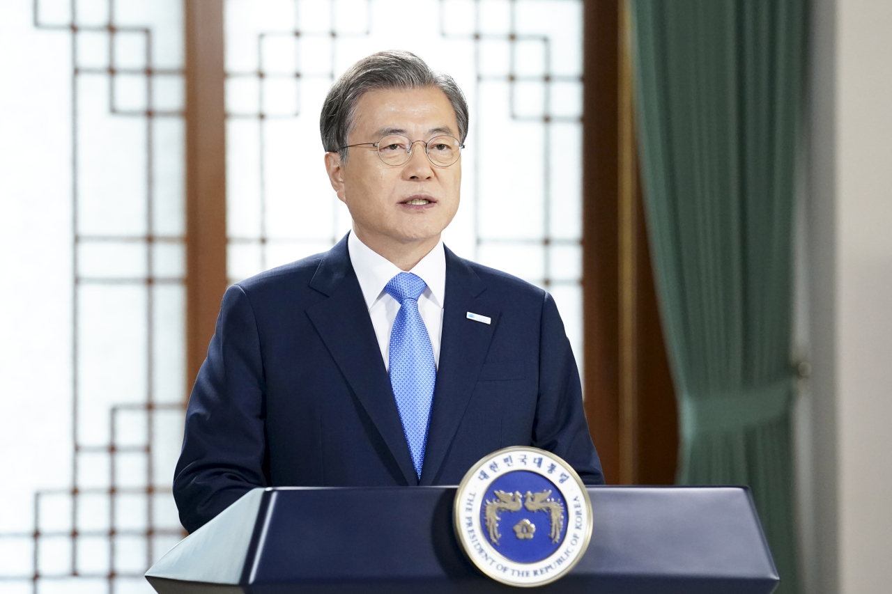 President Moon Jae-in speaks Monday during a virtual speech for the first International Day for Clean Air for blue skies. (Cheong Wa Dae)