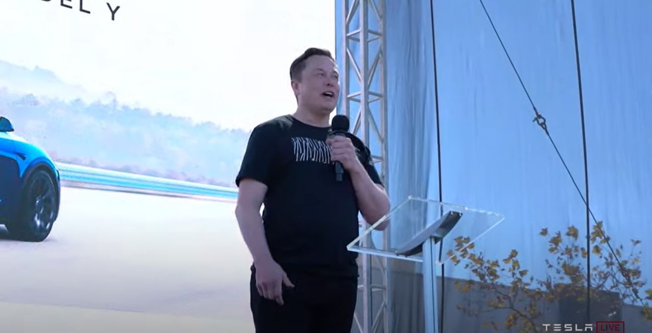 Tesla CEO Elon Musk is seen onstage during a Battery Day event Wednesday. (Captured from YouTube)