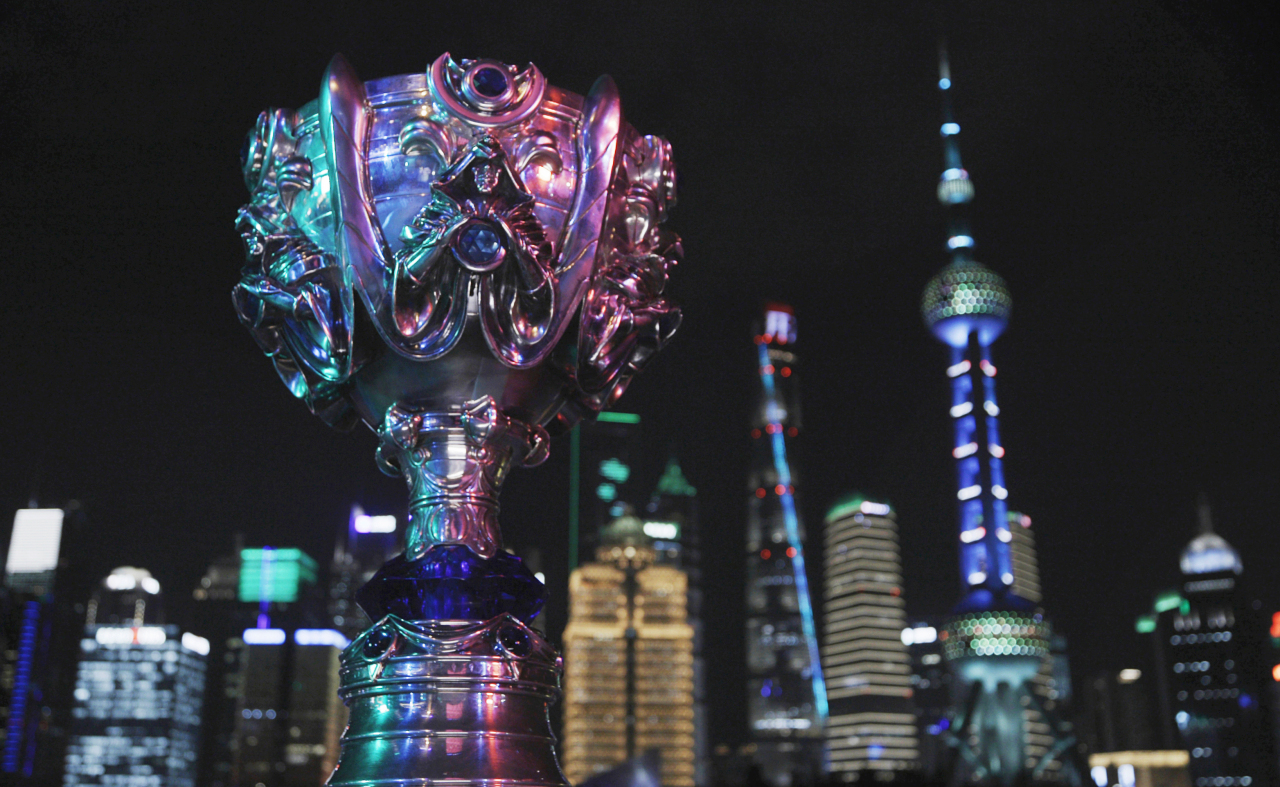 2020 LoL World Championship trophy is shown in Shanghai. (Riot Games)