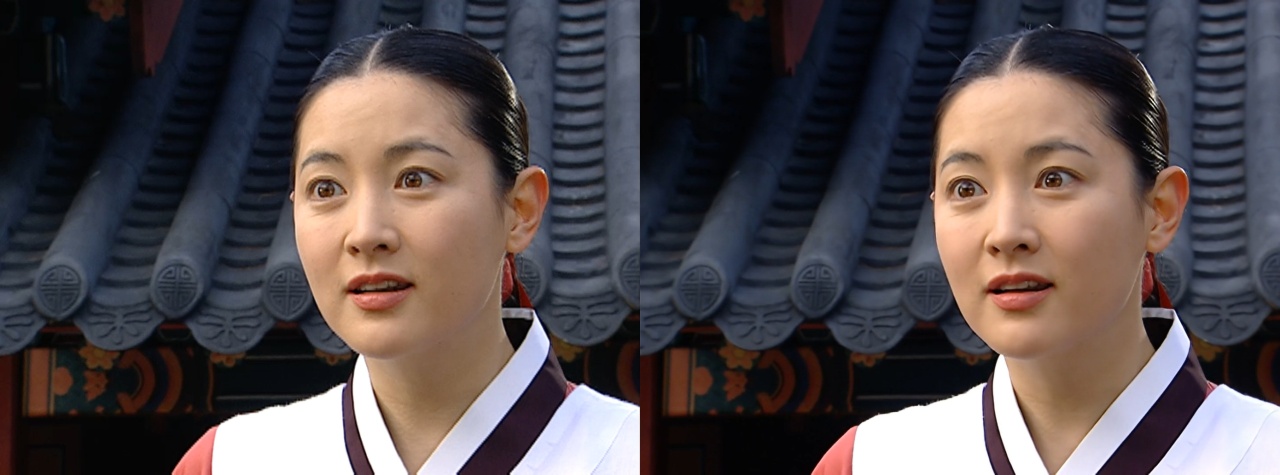 A scene from MBC’s “Jewel in the Palace” in standard definition (left) and high definition (MBC)