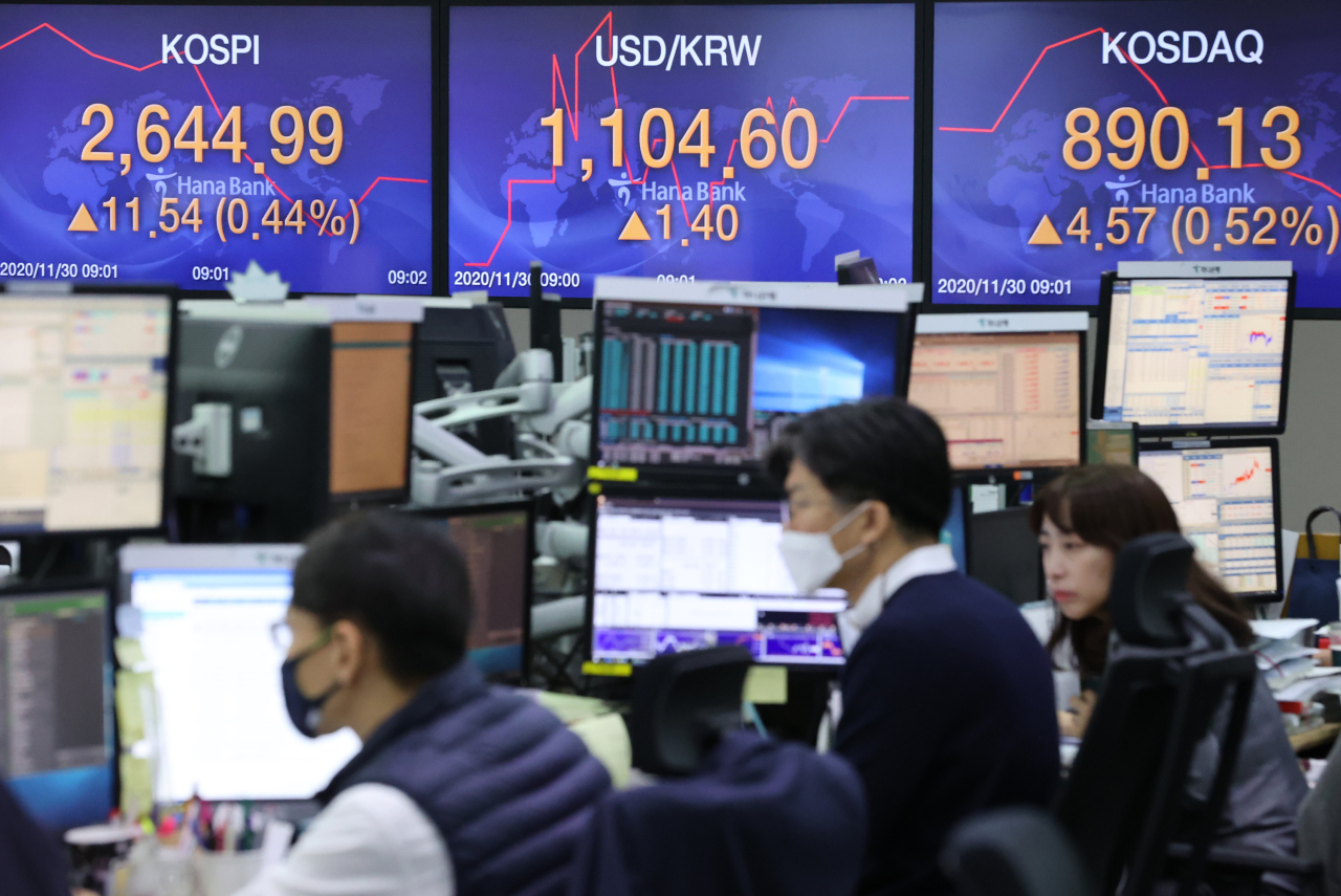 An electronics board shows Kospi continuing its rally during Monday morning trading at Hana Bank‘s dealing room in Seoul. (Yonhap)