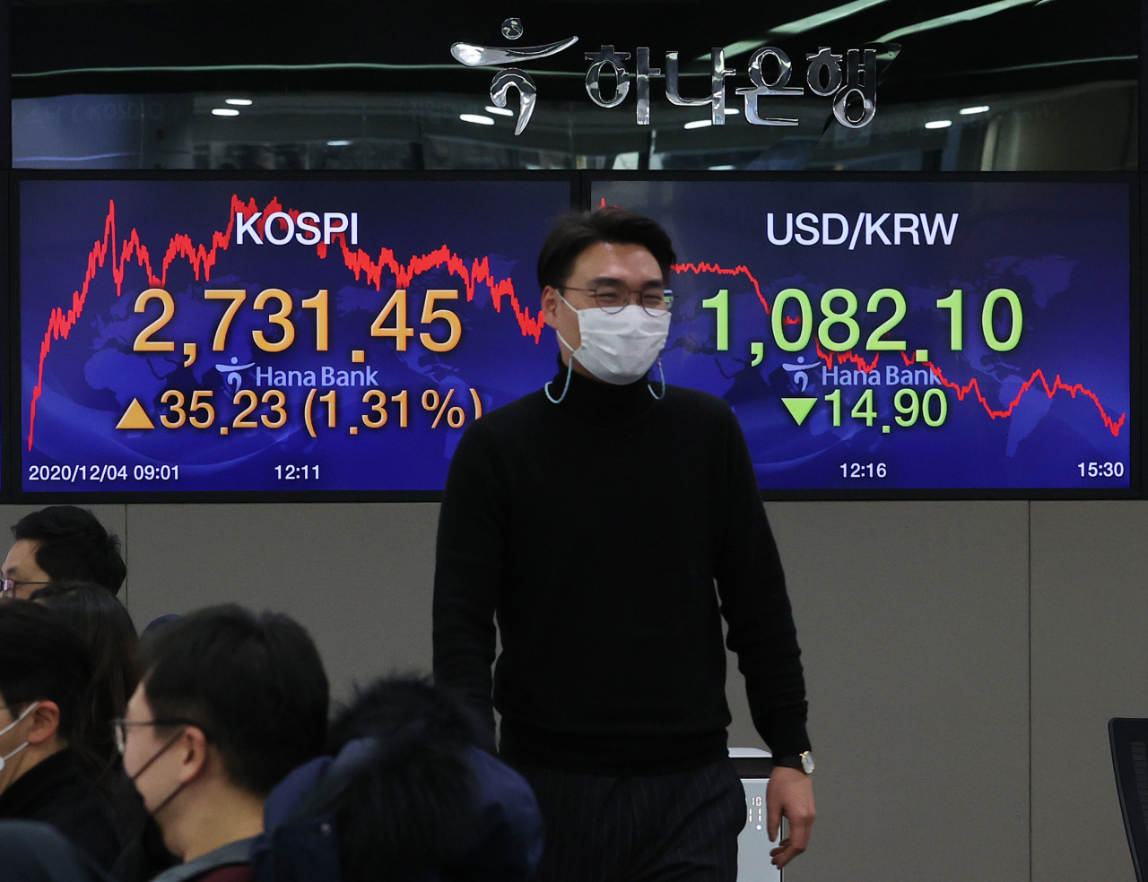 An electronic board at Hana Bank’s dealing room in Seoul shows Kospi close at 2,731.45, exceeding the 2,700-point mark for first time, while the Korean won traded at 1,081.1 won against the US dollar on Friday. (Yonhap)