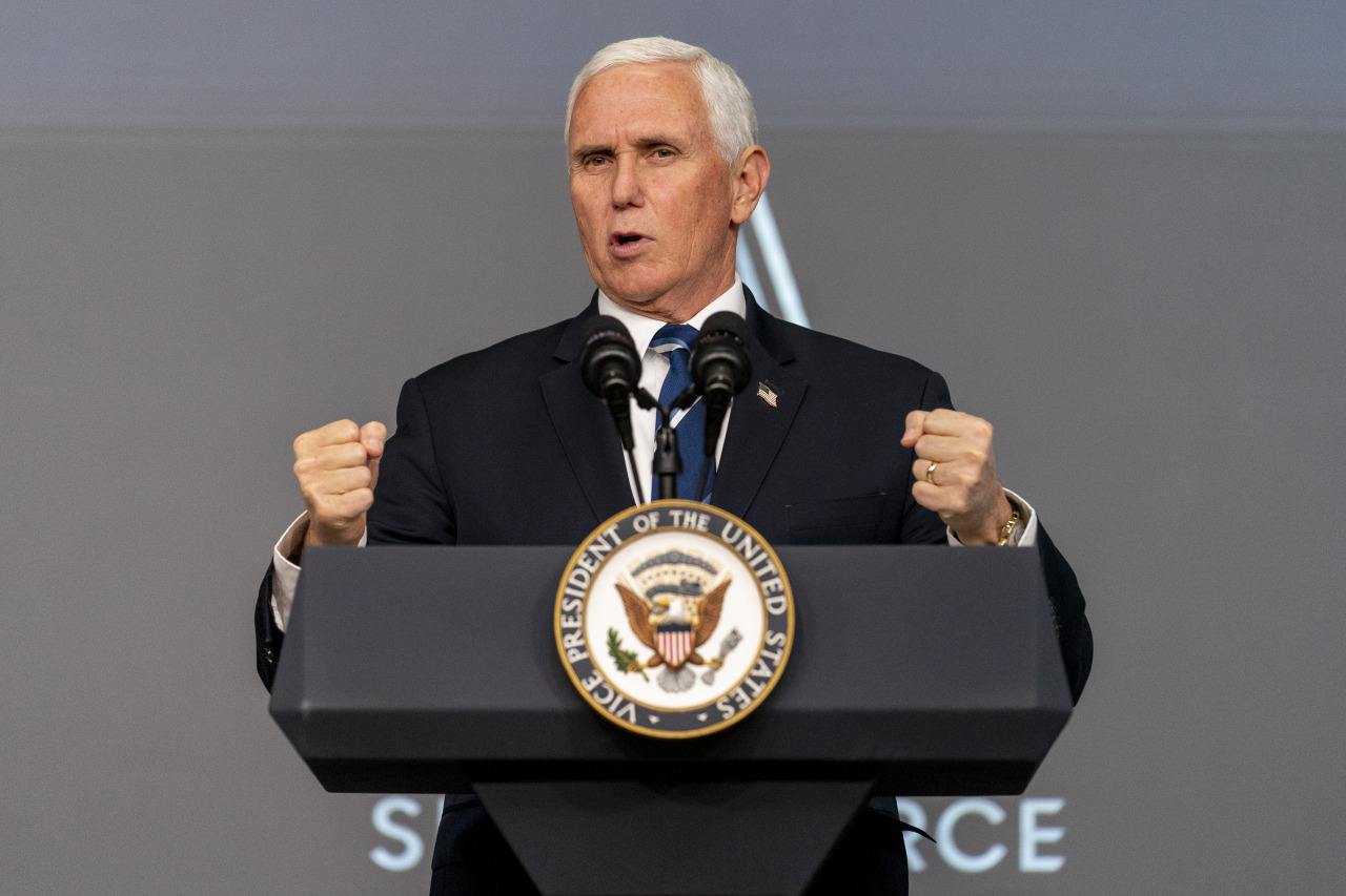 Vice President Mike Pence speaks at a ceremony to commemorate the first birthday of the US Space Force at the Eisenhower Executive Office Building on the White House complex, Friday in Washington. (AP-Yonhap)