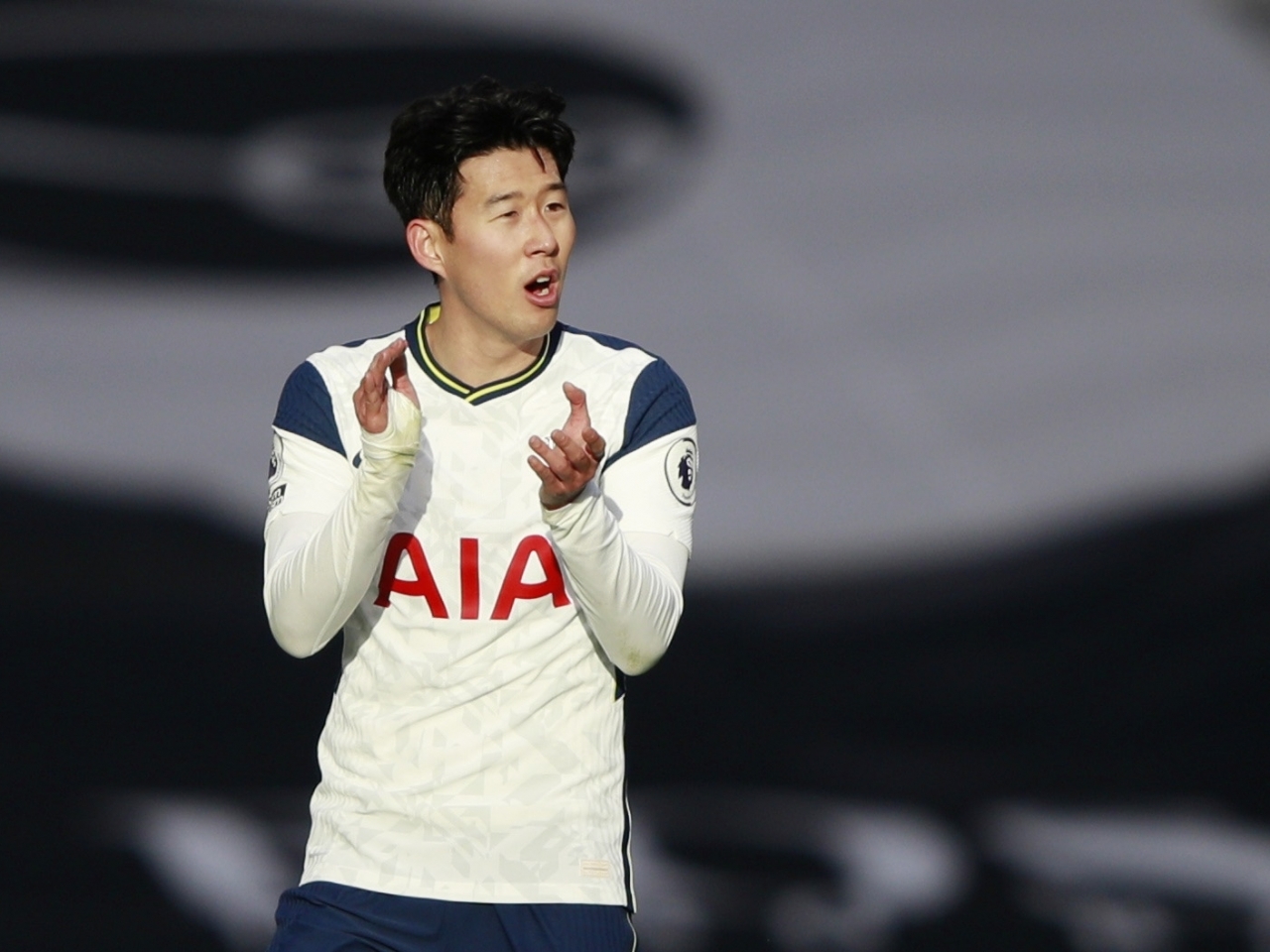 Son Heung-min of Tottenham Hotspur celebrates his goal against Leeds United during the clubs' Premier League match at Tottenham Hotspur Stadium in London on Saturday. (Reuters-Yonhap)