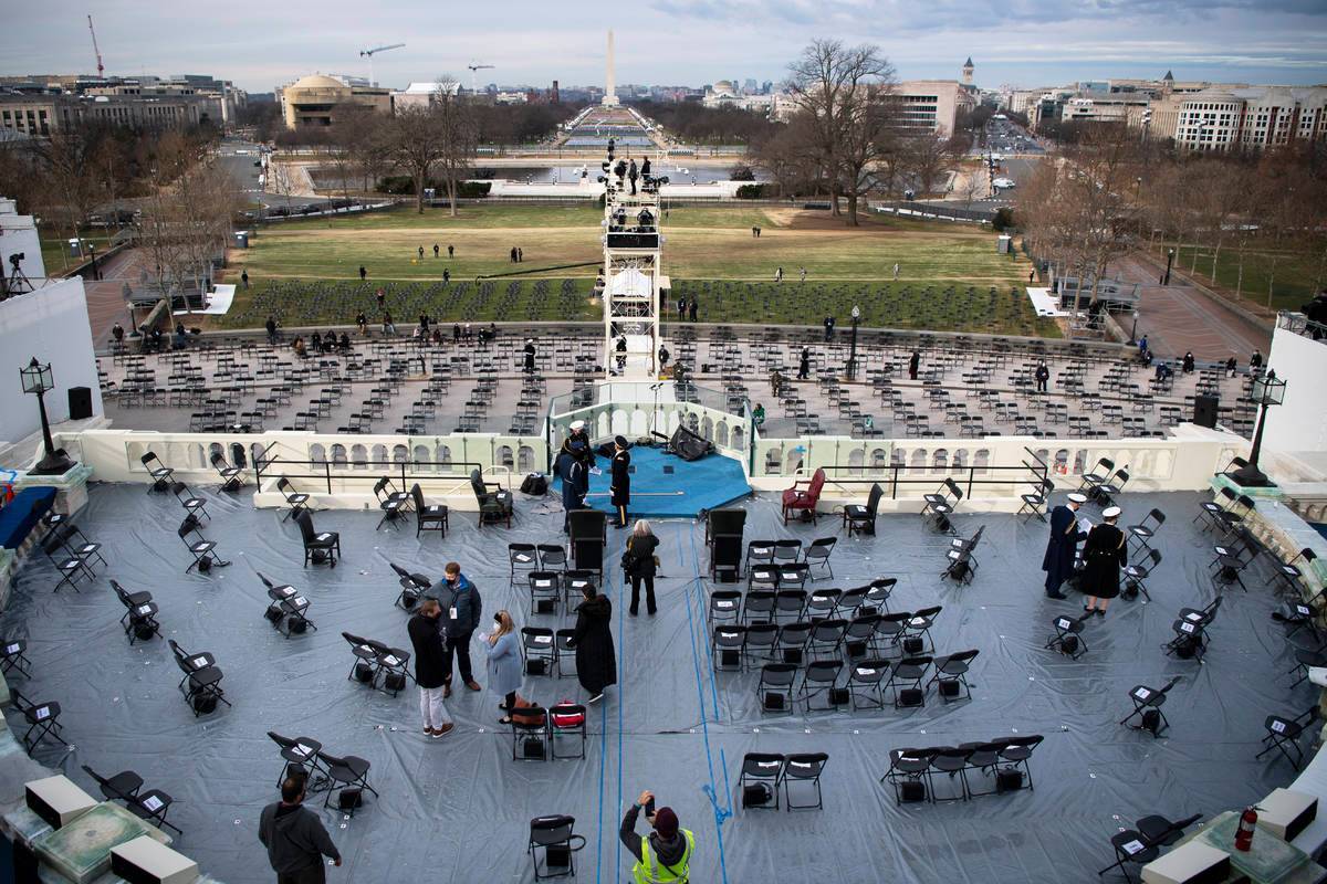 This pool photo by Reuters shows a rehearsal for US President-elect Joe Biden's presidential inauguration held at the US Capitol on Monday. (Reuters-Yonhap)
