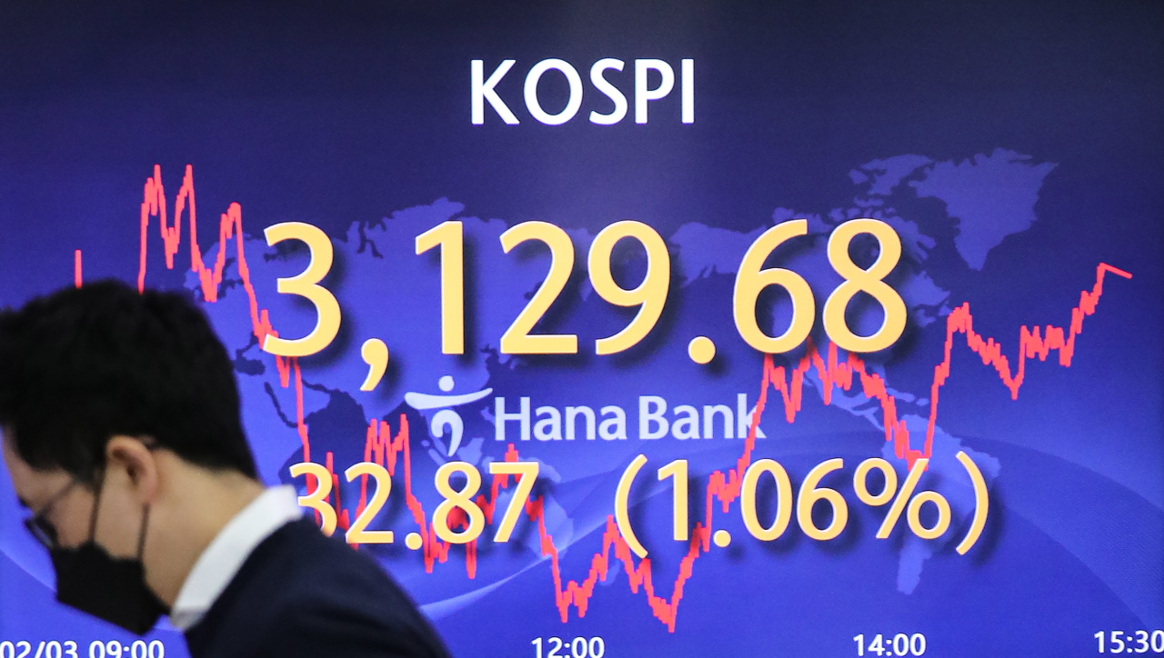 Electronic signboards at the trading room of Hana Bank in Seoul show the benchmark Kospi closed at 3,129.68 on Wednesday, up 32.87 points or 1.06 percent from the previous session's close. (Yonhap)