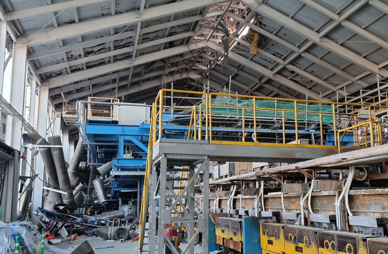 This photo, provided by Gyeongbuk Fire Service Headquarters last Friday, shows the inside of AGC Fine Techno Korea's plant in Gumi, North Gyeongsang Province, following an explosion accident. (Gyeongbuk Fire Service Headquarters)