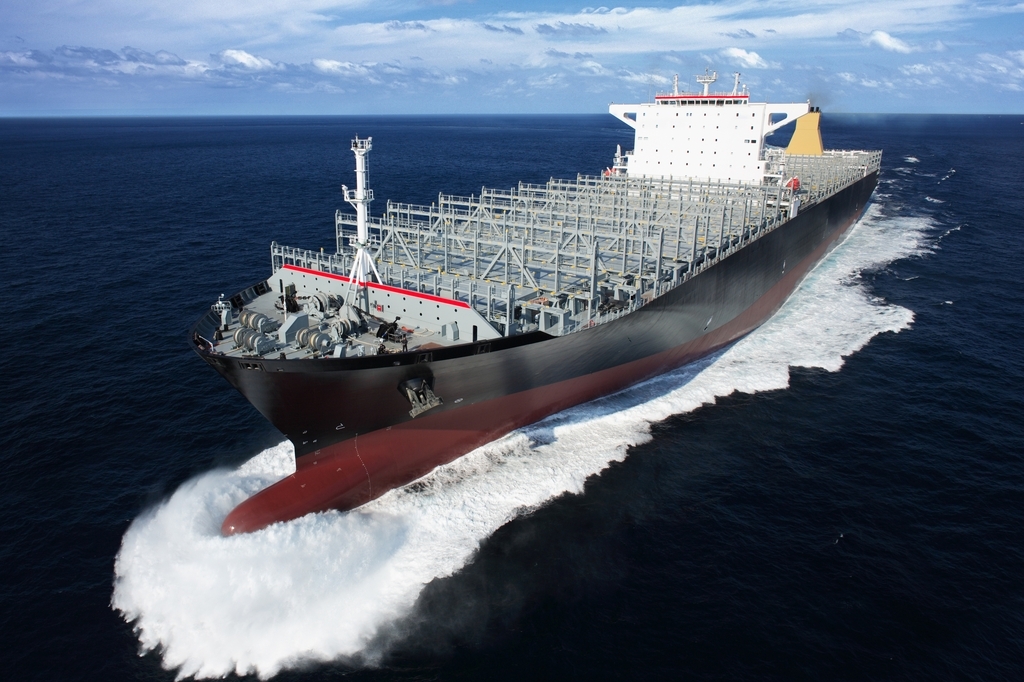 This file photo provided by Samsung Heavy Industries Co. on Thursday, shows a 13,000 twenty-foot equivalent unit container carrier built by the shipbuilder. (Samsung Heavy Industries Co.)