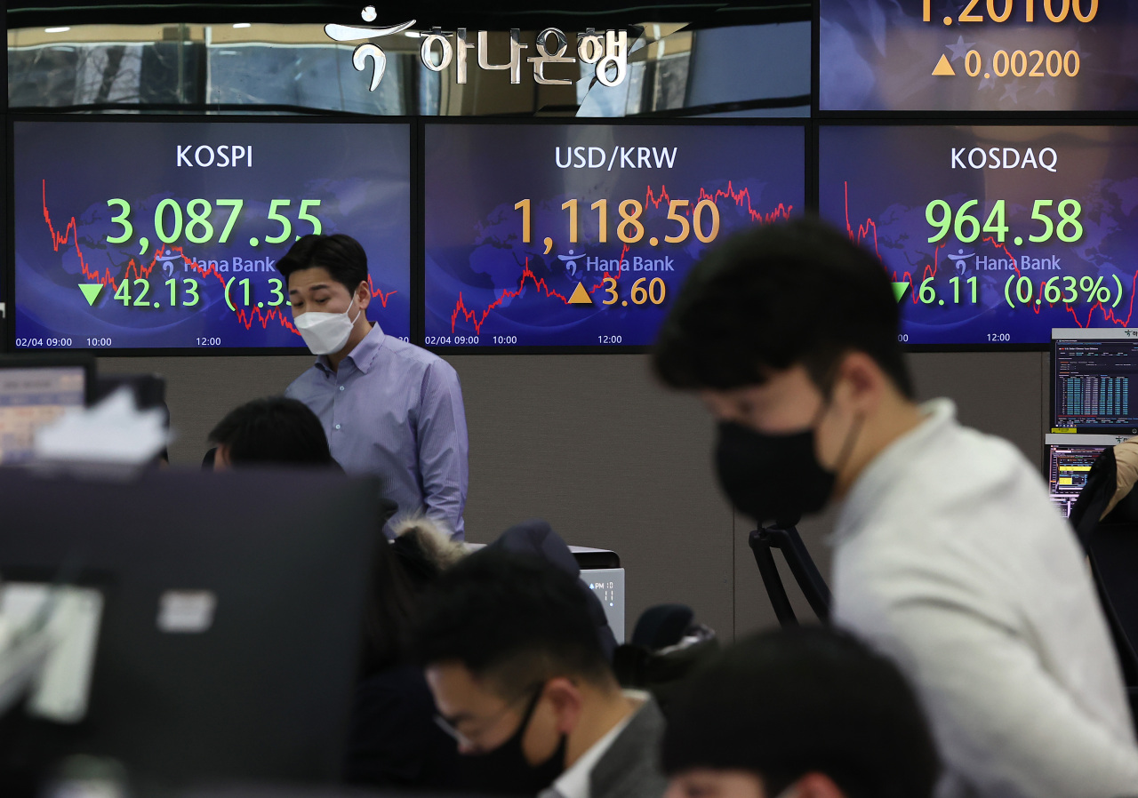 Electronic signboards at the trading room of Hana Bank in Seoul show the benchmark Kospi closed at 3,087.55 on Tuesday, fell 42.13 points or 1.35 percent from the previous session's close. (Yonhap)
