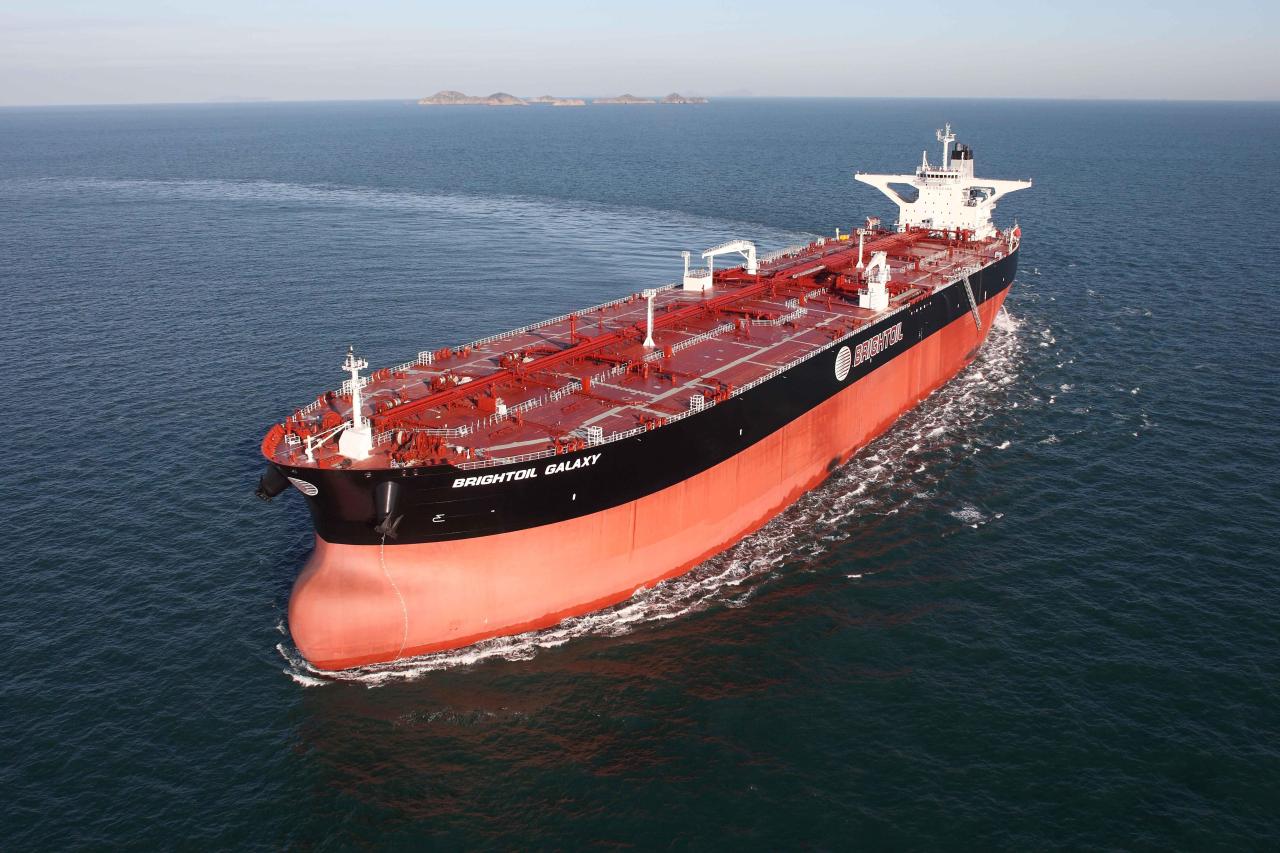 This photo provided by Korea Shipbuilding & Offshore Engineering Co. on Jan. 12, 2021, shows an oil tanker built by Hyundai Heavy Industries Co. (Korea Shipbuilding & Offshore Engineering Co.)
