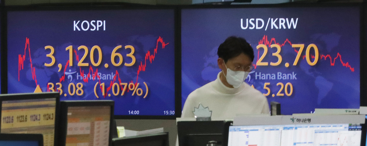 Electronic signboards at the trading room of Hana Bank in Seoul show the benchmark Kospi closed at 3,120.63 on Friday, up 33.08 points or 1.97 percent from the previous session's close. (Yonhap)