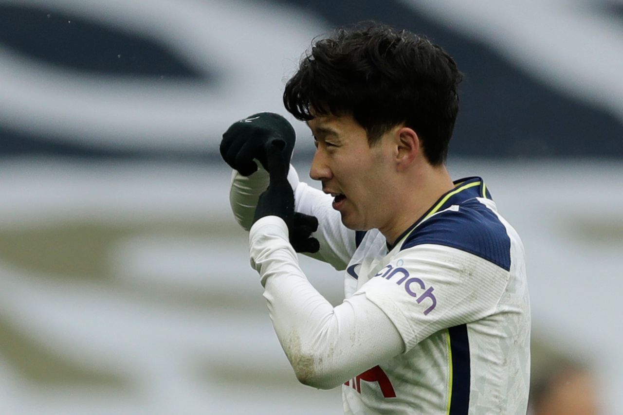 Tottenham Hotspur's South Korean striker Son Heung-Min celebrates after scoring their second goal during the English Premier League football match between Tottenham Hotspur and West Bromwich Albion at Tottenham Hotspur Stadium in London, on Sunday. (AFP-Yonhap)
